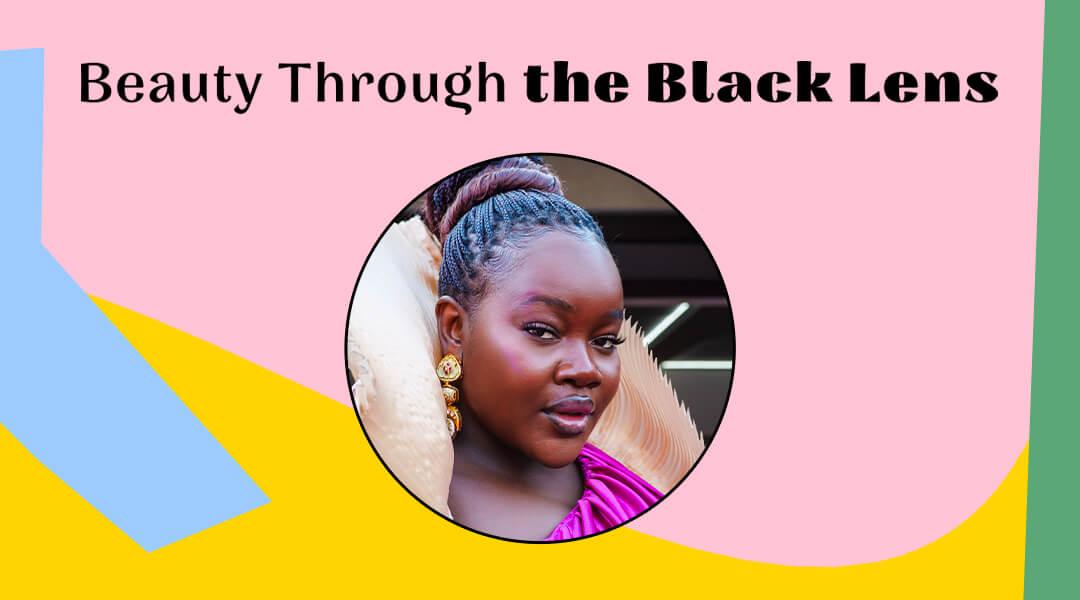 Studio portrait of Acheing Agutu on a pattern background with Beauty Through the Black Lens featured Desktop