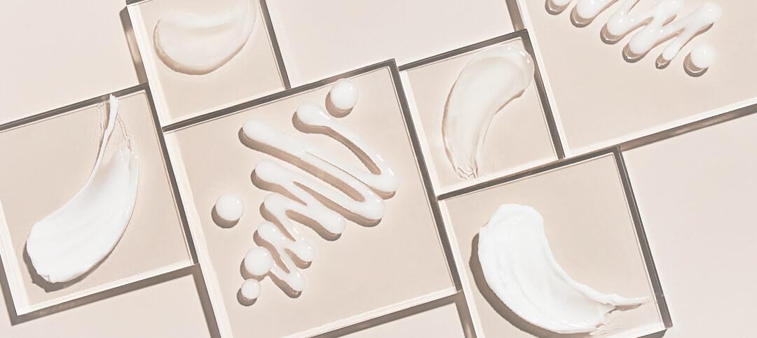 Different gel moisturizers swatched inside square frames on beige background Desktop