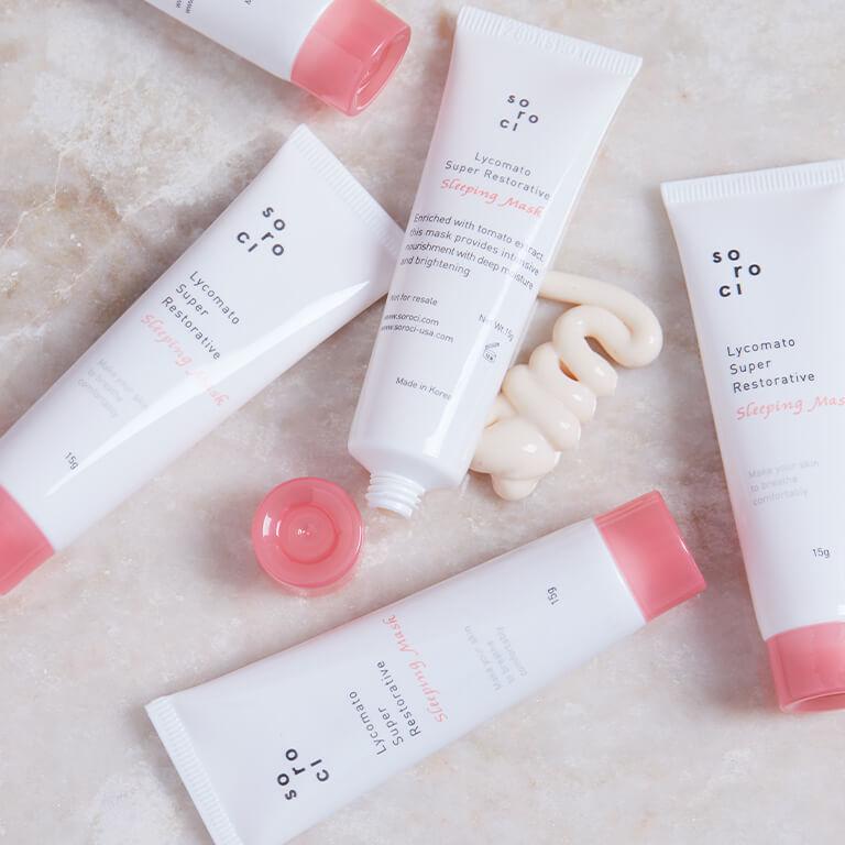 An image of SOROCI Lycomato Super Restorative Sleeping Masks on top of marble surface Desktop