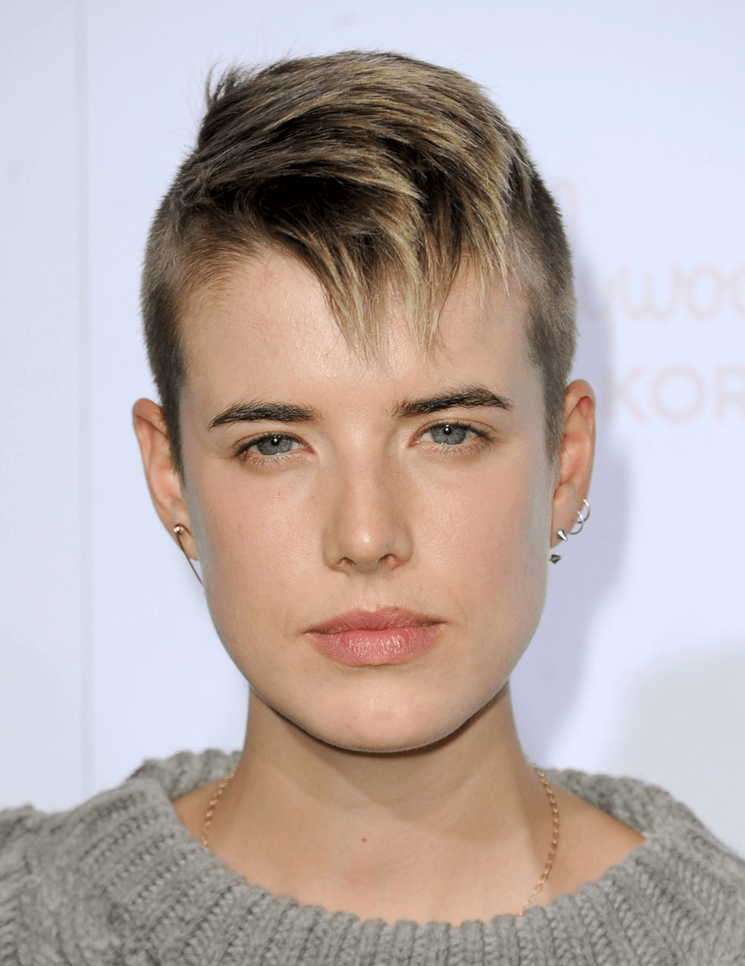 Model Agyness Deyn sporting on a grey sweatshirt, no-makeup makeup look, and a mohawk hairstyle Mobile