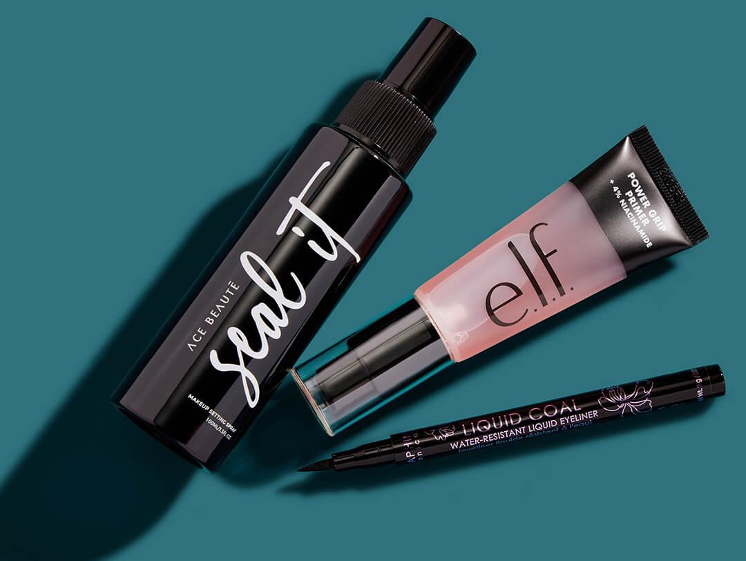 Beauty products from ACE BEAUTÉ, E.L.F. COSMETICS, and SERAPHINE BOTANICALS on dark teal background Desktop