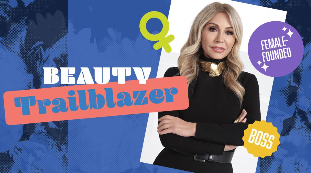 Profile image of Anastasia Soare in blue graphic frame with text Beauty Trailblazers Desktop