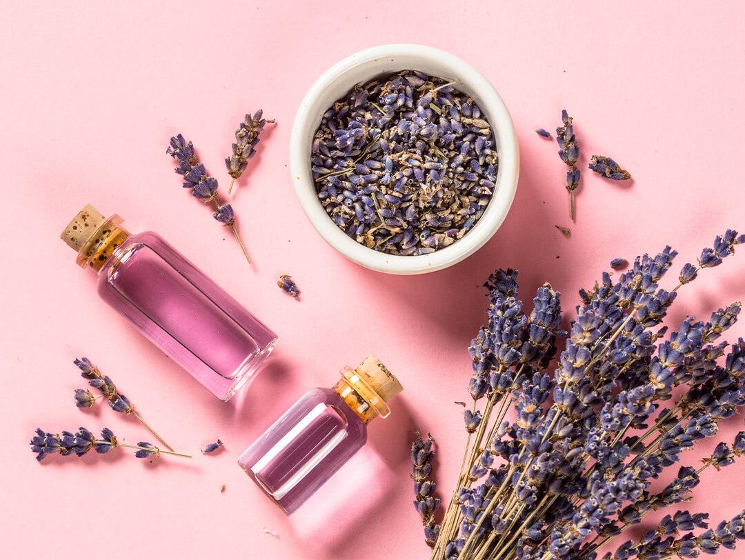Image of a bowl and stalks of lavender and 2 bottles with purple liquid inside Desktop