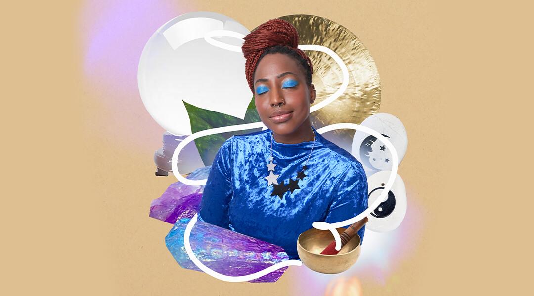 Woman meditating surrounded by spiritual symbols Desktop