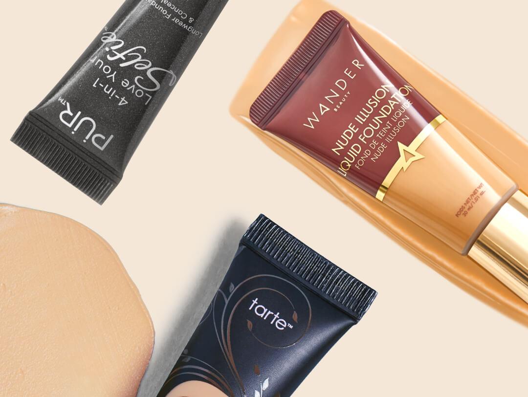 Close-up image of vegan foundations from WANDER BEAUTY, TARTE, and PUR Desktop