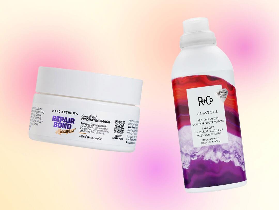 MARC ANTHONY Repair Bond +Rescuplex™ Concentrated Hydrating Mask and R+CO Gemstone Pre-Shampoo Color Protect Masque on yellow, pink, and purple ombre background Desktop