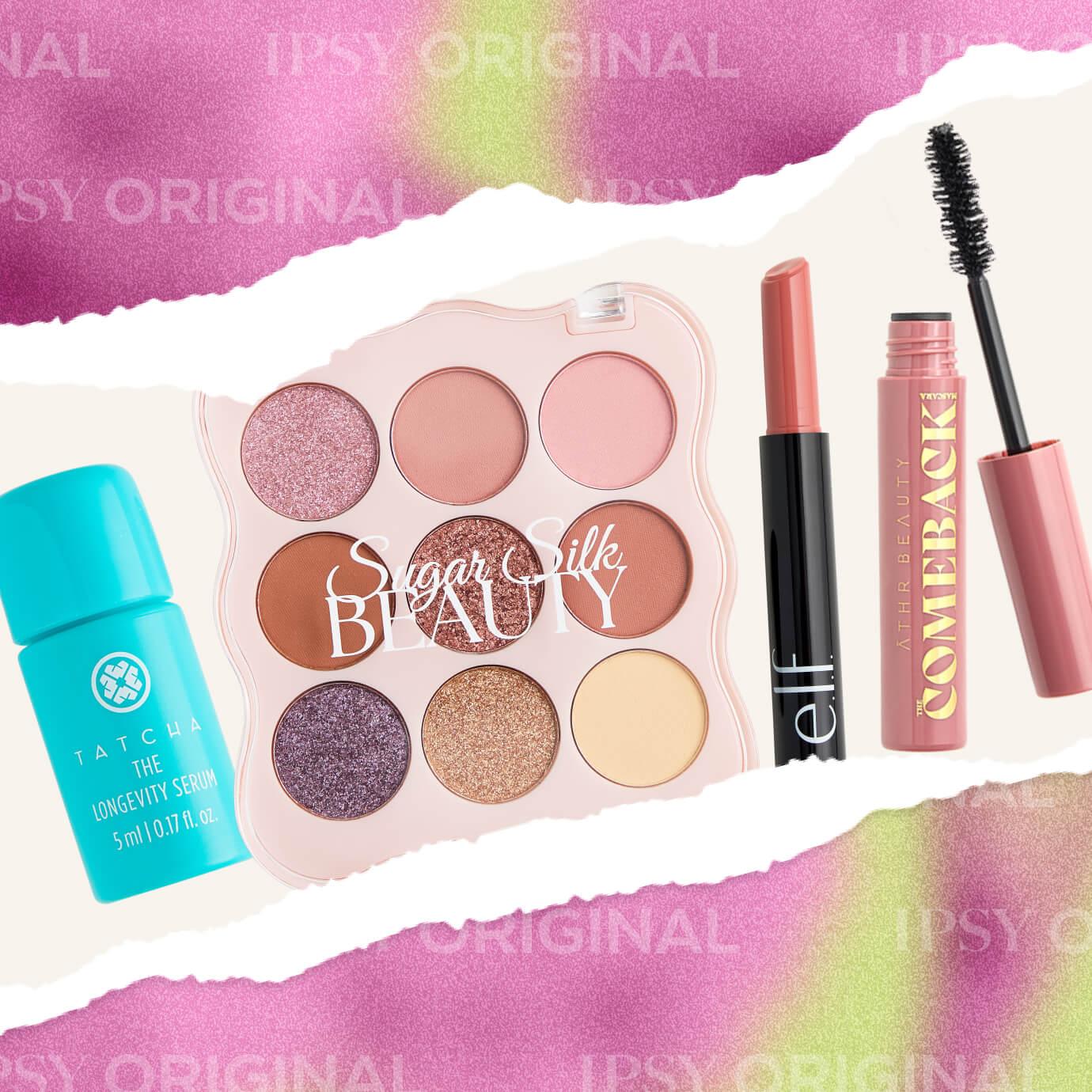 A flat lay of IPSY Original January spoilers featuring a Tatcha Longevity Serum mini, a Sugar Silk Beauty nine-pan eyeshadow palette, an e.l.f. satin lipstick, and an Āthr Beauty pink mascara, arranged on a torn-paper pastel background.