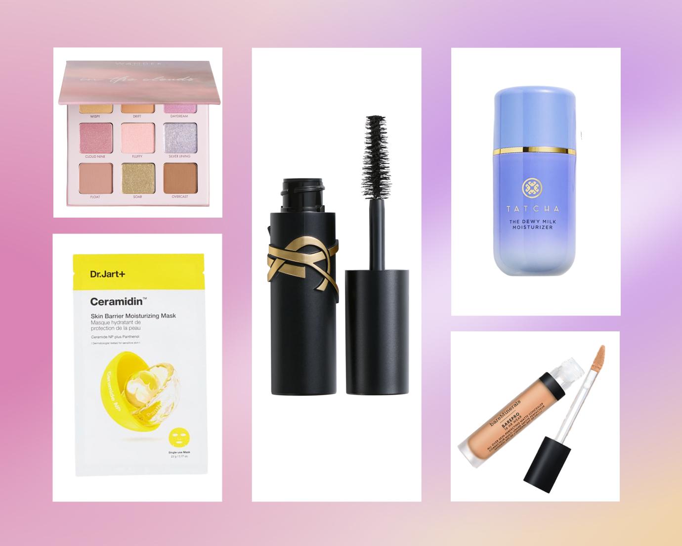 April 2026 IPSY Editors’ Picks featuring a Wander Beauty eyeshadow palette, Yves Saint Laurent mascara, Tatcha Dewy Milk Moisturizer, Dr. Jart+ Ceramidin sheet mask, and bareMinerals concealer on a pink gradient background.
